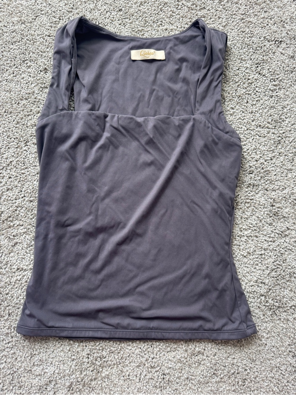 QINSEN Women's Slanted Shoulder Square Neck Sleeveless Double-Layer Fitted Tank